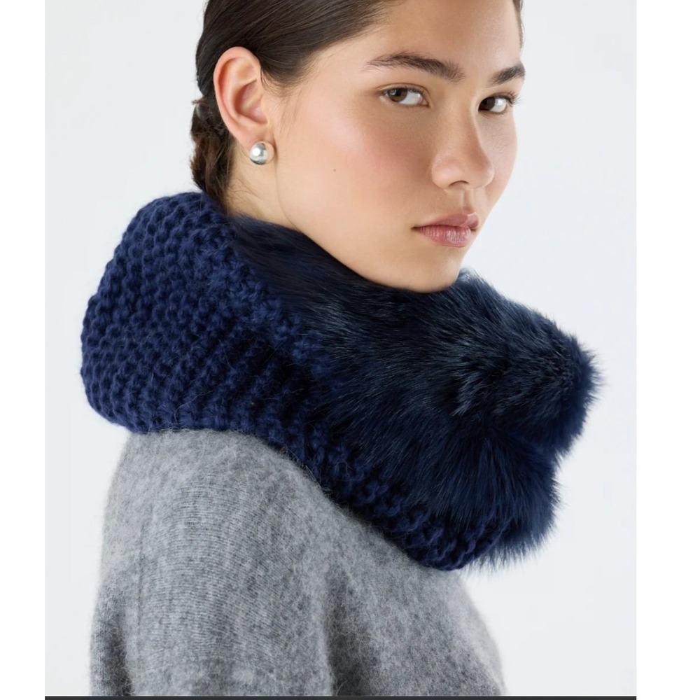 Gushlow & Cole Snood Cowl Scarf Women OS Blue Excellent Wool Sheepskin Fur Trim